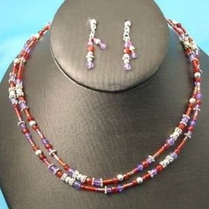 Beaded Lavender & Red Necklace & Earrings Set New